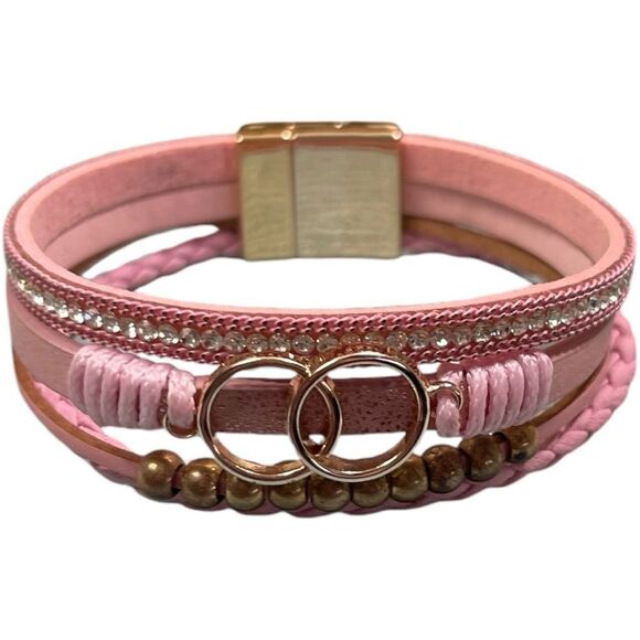 Designer Pink and Gold Interlocked Rings Braided Multi-strand Bracelet - Picture 2 of 7